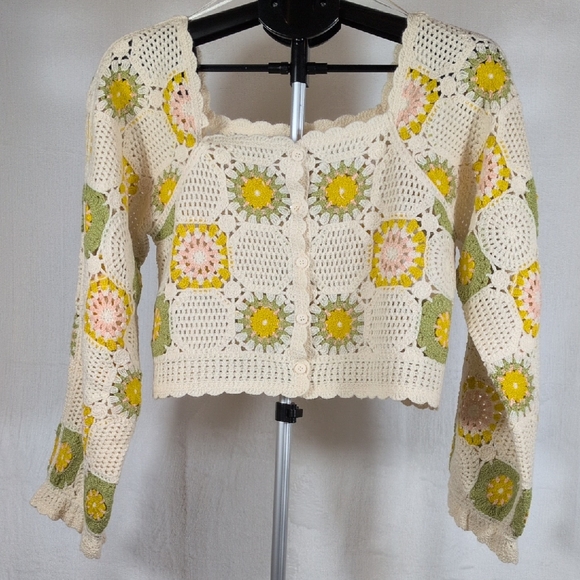 Sadie & Sage Sweaters - Sadie & Sage Cream Crochet Floral Cardigan with Yellow, Pink & Green Accents